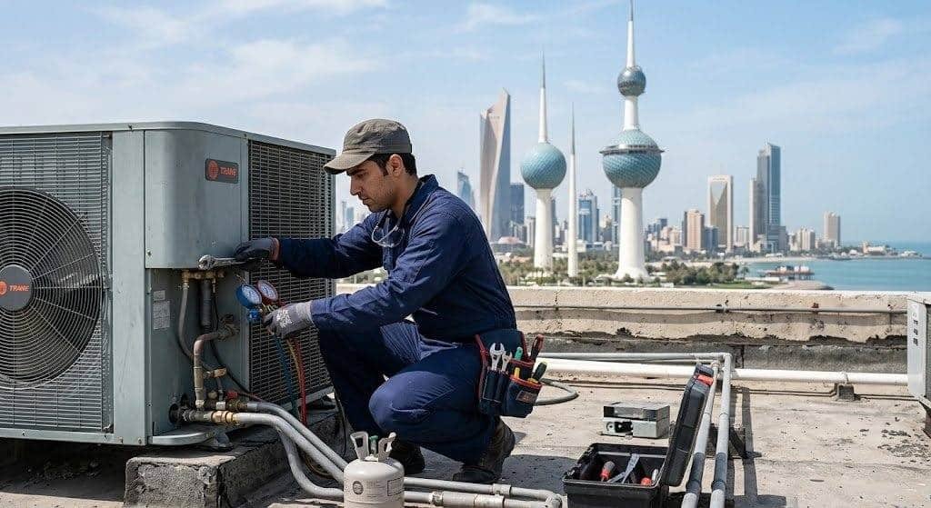 فني تكييف محترف يقوم بفحص وصيانة وإصلاح أجهزة التكييف بدقة وكفاءة عالية ضمن خدمات فني تكييف الواحة بالكويت لضمان تبريد مثالي وأداء ممتاز.