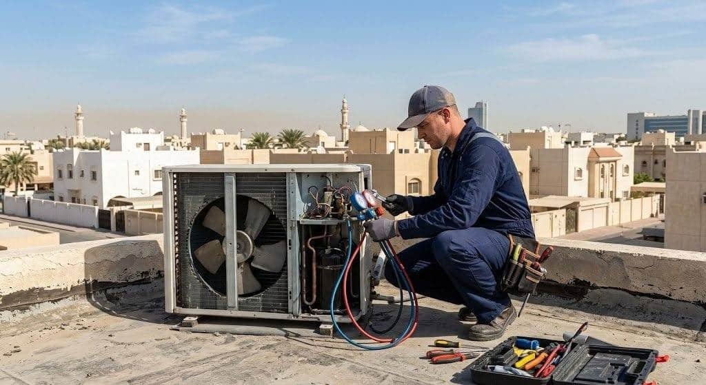 فني محترف يقوم بفحص وصيانة أجهزة التكييف بكفاءة عالية ضمن خدمات فني تكييف الشدادية بالكويت لضمان التبريد المثالي والعمل المستمر.