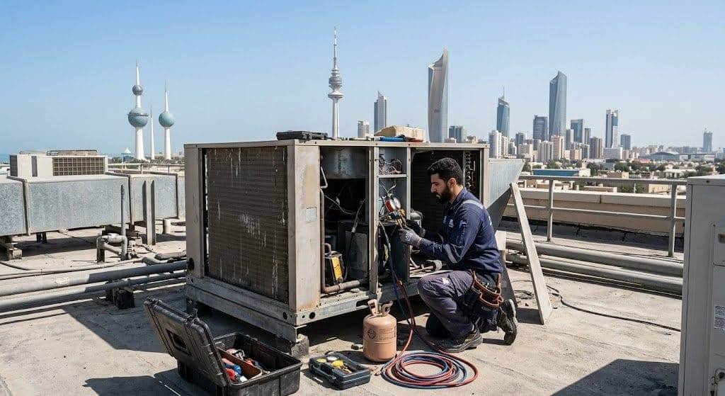 خبير محترف يقوم بصيانة وإصلاح وحدات التبريد والتكييف بدقة وكفاءة عالية ضمن خدمات فني تكييف الشعب بالكويت لضمان أفضل أداء وتوزيع مثالي للهواء.