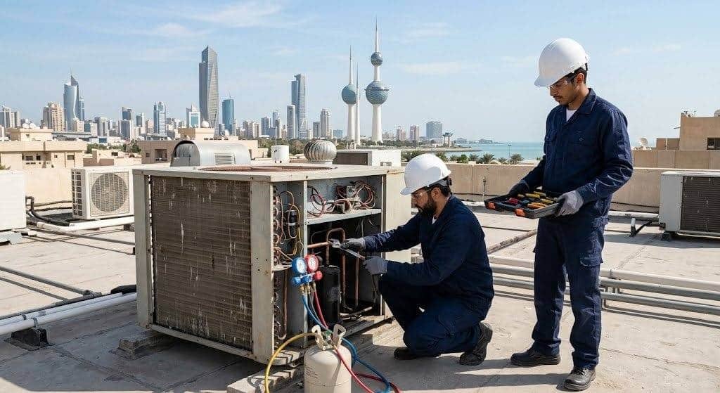 خبير محترف يقوم بصيانة وإصلاح وحدات التبريد بدقة وكفاءة عالية ضمن خدمات فني تكييف مركزي بالكويت لضمان أفضل أداء وتوزيع مثالي للهواء.