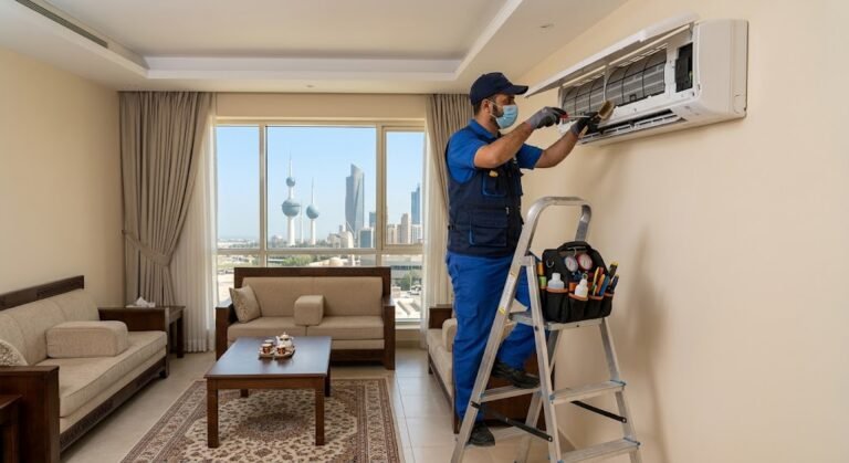 فني متخصص يقوم بصيانة وتنظيف المكيفات باحترافية ضمن خدمات فني تكييف مشرف بالكويت