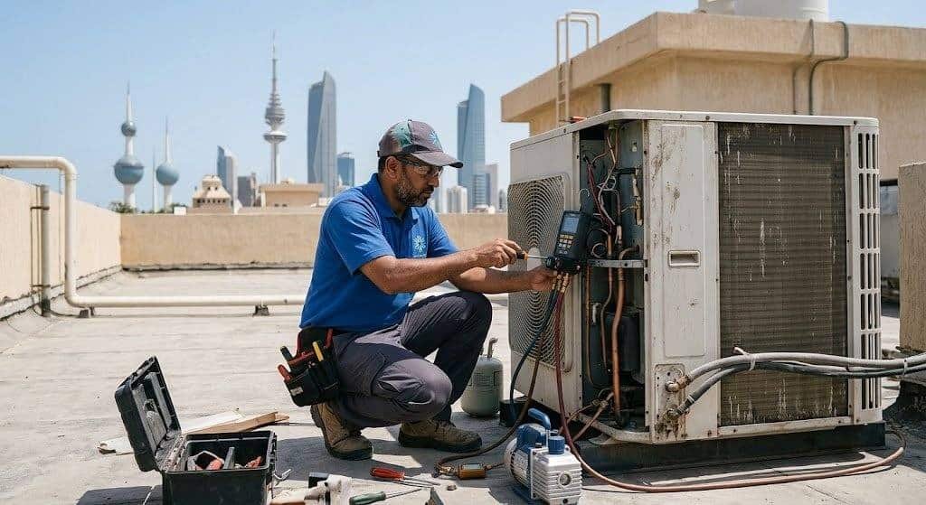 فني تكييف محترف يقوم بصيانة وإصلاح المكيفات بعناية ضمن خدمات فني تكييف المسايل بالكويت لضمان تبريد مثالي وكفاءة تشغيل عالية.