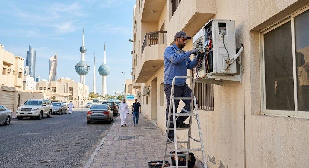 فني تكييف محترف يقوم بصيانة وإصلاح المكيفات بعناية ضمن خدمات فني تكييف السلام بالكويت لضمان تبريد مثالي وكفاءة تشغيل عالية.