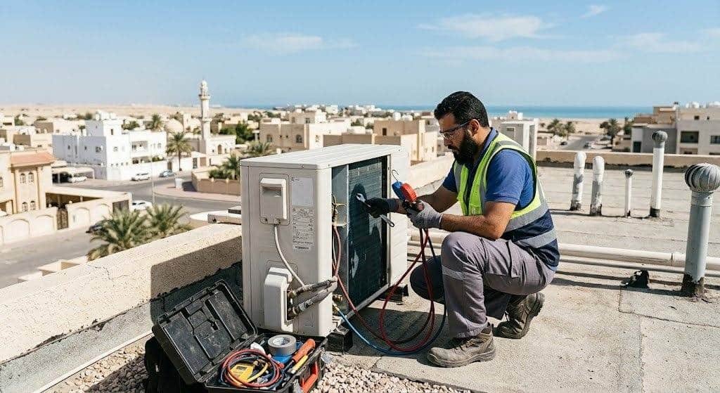 فني تكييف محترف يقوم بصيانة وإصلاح المكيفات بعناية ضمن خدمات فني تكييف السالمية بالكويت لضمان تبريد مثالي وكفاءة تشغيل عالية.