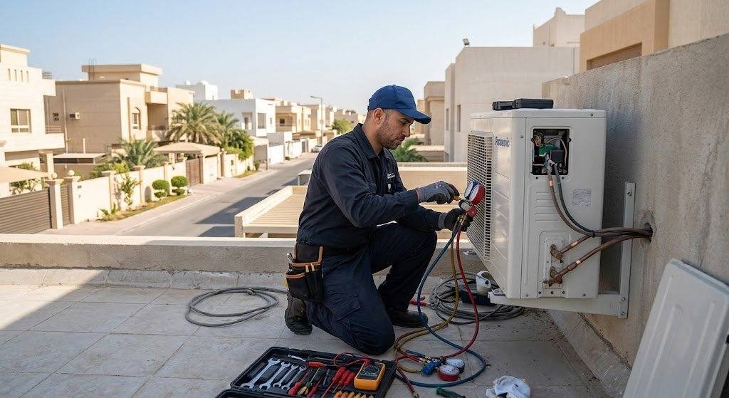 فني تكييف محترف يقوم بصيانة وإصلاح المكيفات بعناية ضمن خدمات فني تكييف الدعية بالكويت لضمان تبريد مثالي وكفاءة تشغيل عالية.