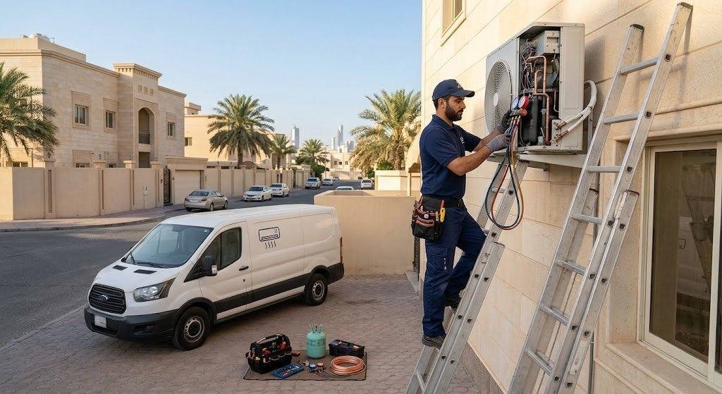 فني تكييف محترف يقوم بصيانة وإصلاح المكيفات بعناية ضمن خدمات فني تكييف القرين بالكويت لضمان تبريد مثالي وكفاءة تشغيل عالية.