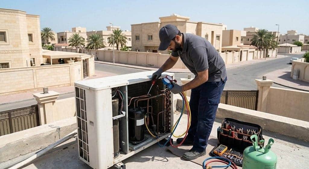 فني تكييف محترف يقوم بصيانة وإصلاح المكيفات بعناية ضمن خدمات فني تكييف شرق بالكويت لضمان تبريد مثالي وكفاءة تشغيل عالية.